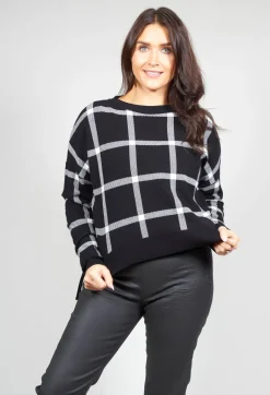 Sarah Pacini Jumpers^Long Sleeve Jumper with Check Design in Black