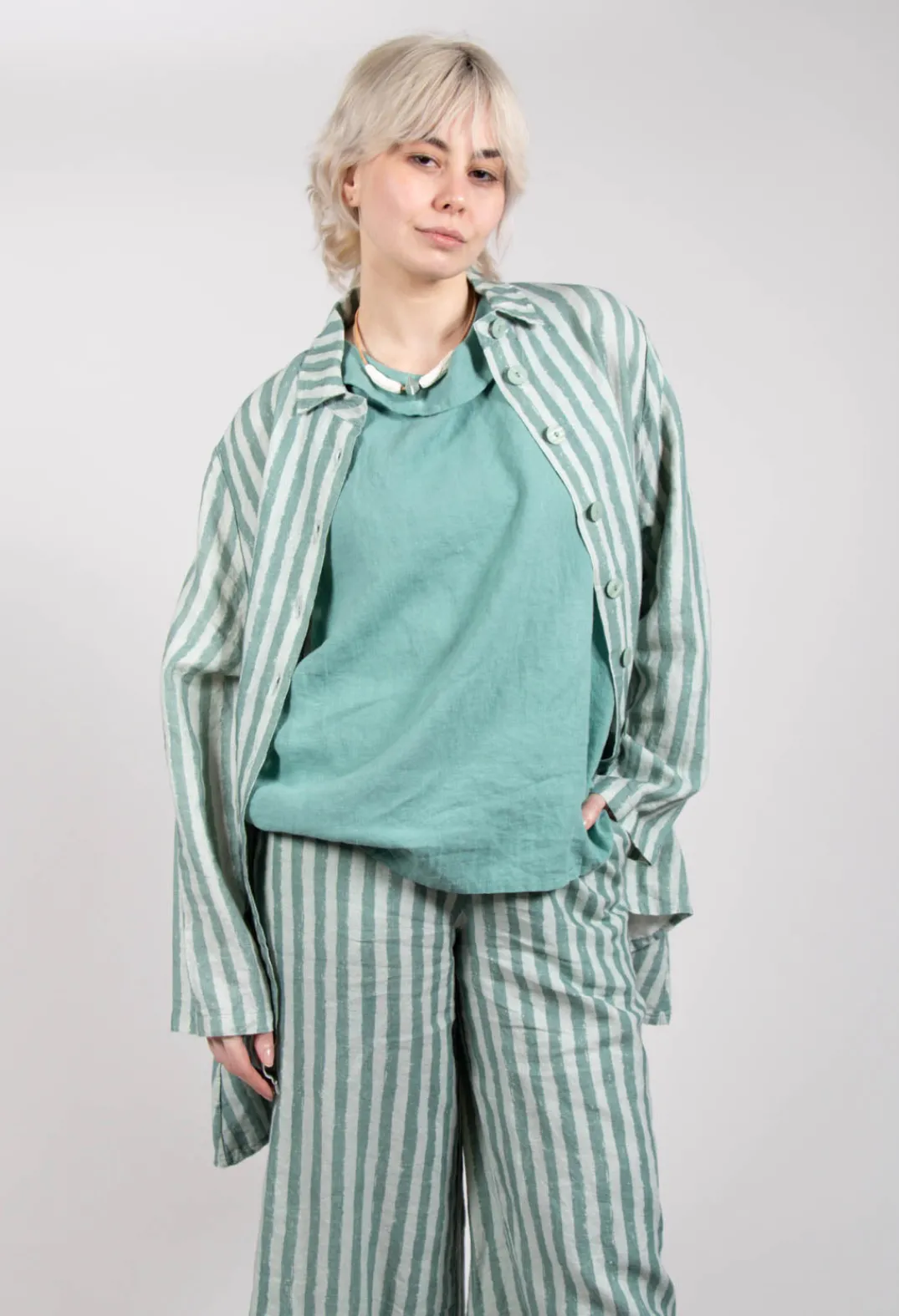 Thing Jackets^Long Sleeve Linen Stripe Jacket in Teal
