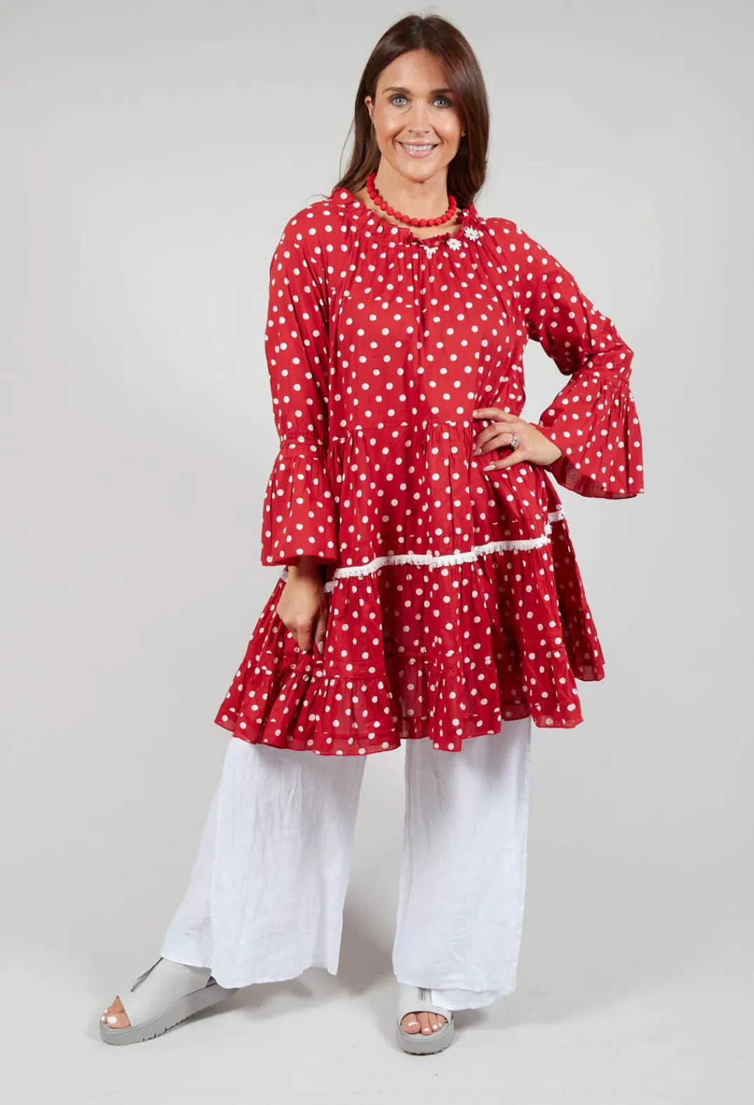 Rhum u0026 Raisin Shirts & Blouses^Long Sleeve Tunic in Audrey Red and White Polkadot