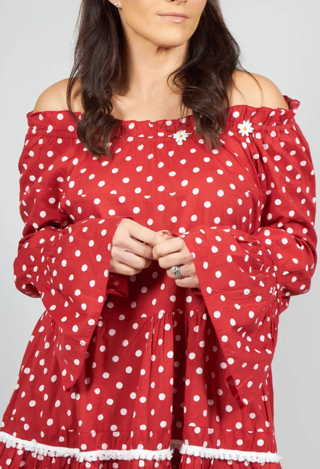 Rhum u0026 Raisin Shirts & Blouses^Long Sleeve Tunic in Audrey Red and White Polkadot