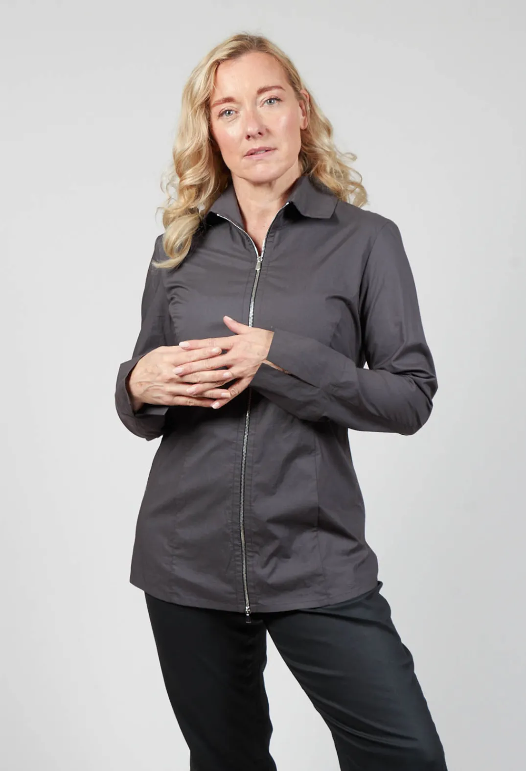 Anett Rostel Shirts & Blouses^Long Sleeved Blouse with Zip Detail in Grey