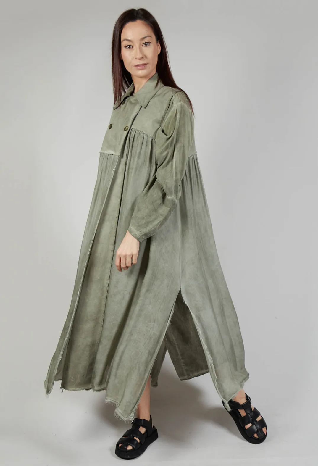 Sanctamuerte Coats^Long Sleeveless Coat in Contone and Viscosa Seta Olive