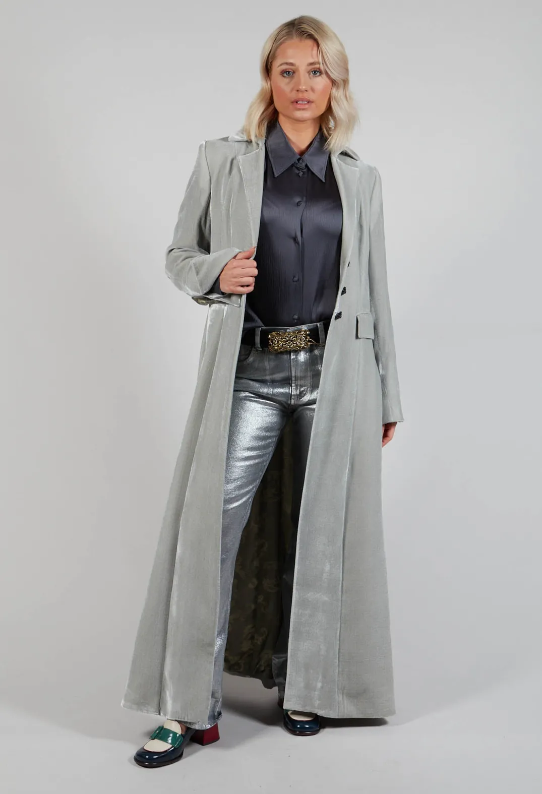 T.ba Coats^Long Velvet Coat in Pearl