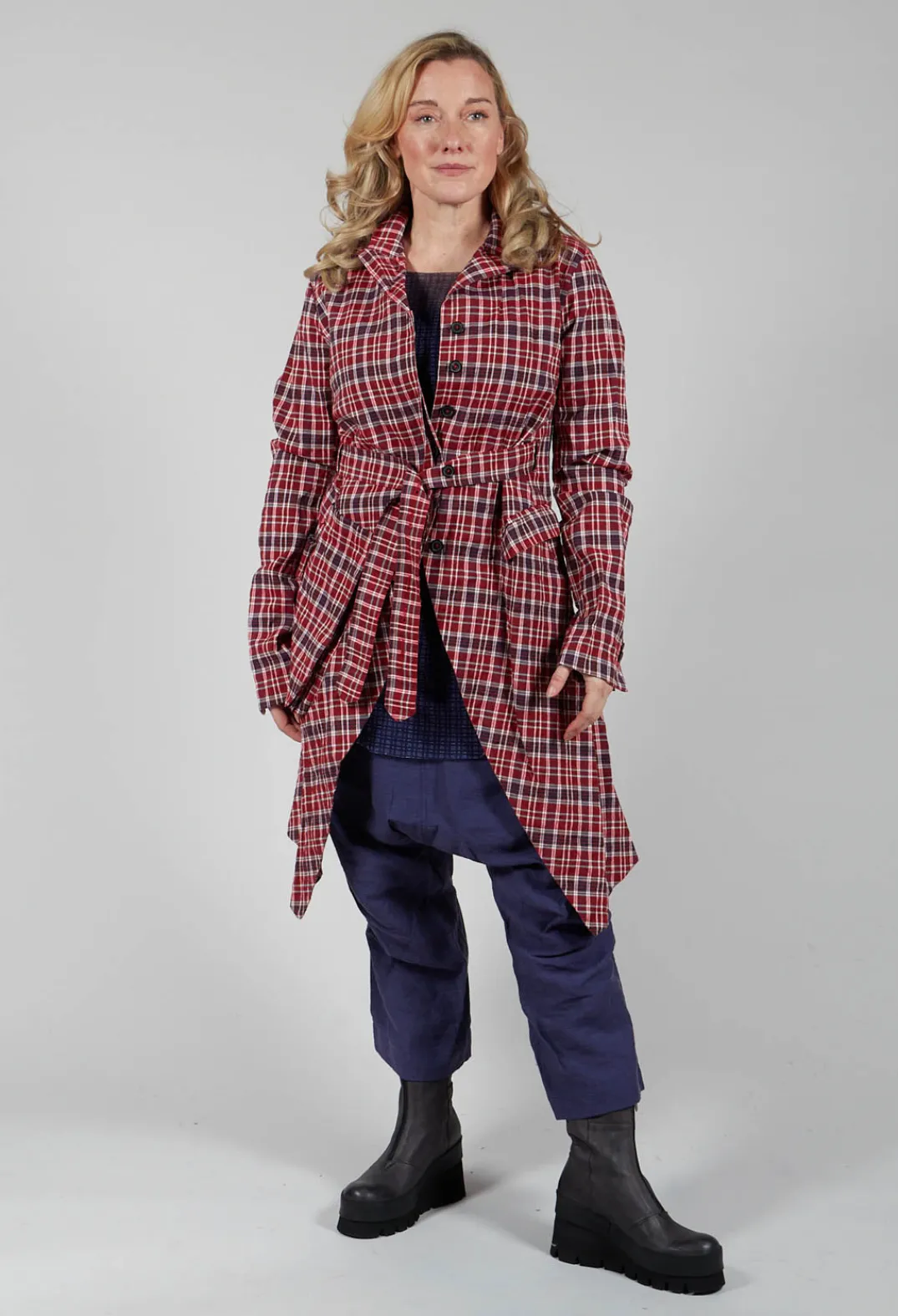 Rundholz Mainline Coats^Longline Belted Coat in Fraise Check