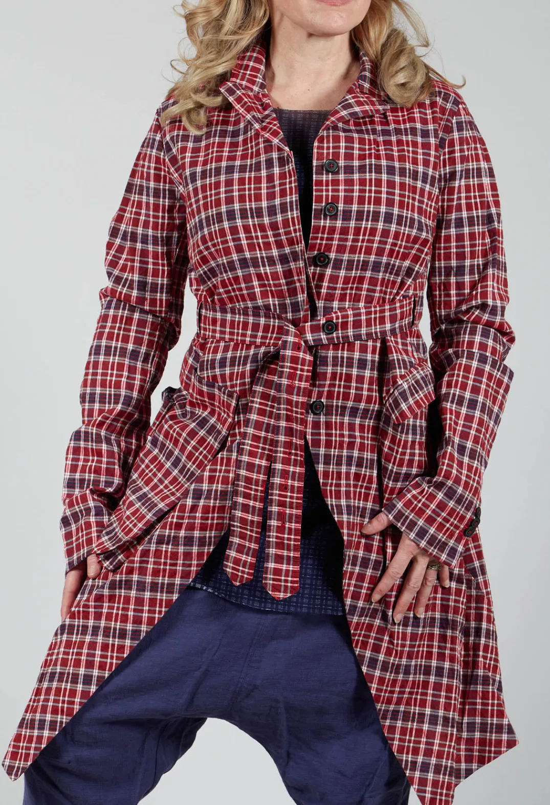 Rundholz Mainline Coats^Longline Belted Coat in Fraise Check