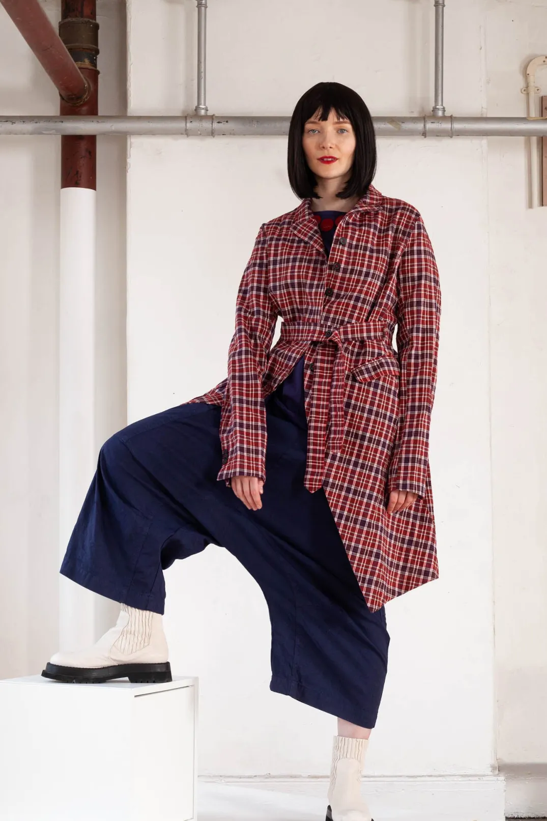 Rundholz Mainline Coats^Longline Belted Coat in Fraise Check