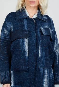 Be Your Essence Coats^Longline Coat in Blue Denim Effect Print
