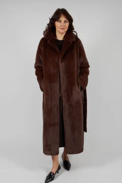 Artico Coats^Longline Faux Fur Coat in Chocolate