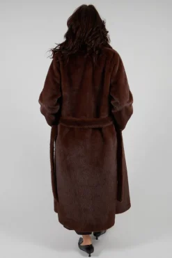 Artico Coats^Longline Faux Fur Coat in Chocolate