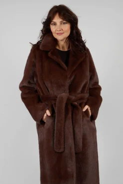 Artico Coats^Longline Faux Fur Coat in Chocolate