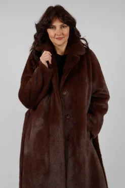 Artico Coats^Longline Faux Fur Coat in Chocolate