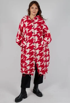 Rundholz Mainline Coats^Longline Hooded Cardigan in Cardinal Bone Jacquard