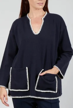 Mei Meij Jumpers^Longline Jumper with Contrasting Detail in Dark Navy and White