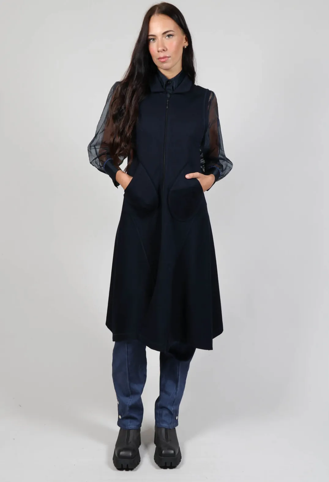 Xenia Design Jackets^Longline Zip up Jacket in Dark Blue
