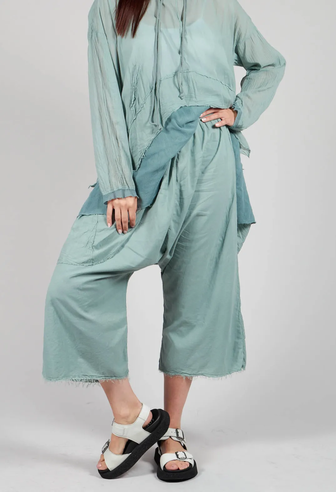 Pal Offner Trousers^Low Crotch Pull on Trousers in Pale Turquoise