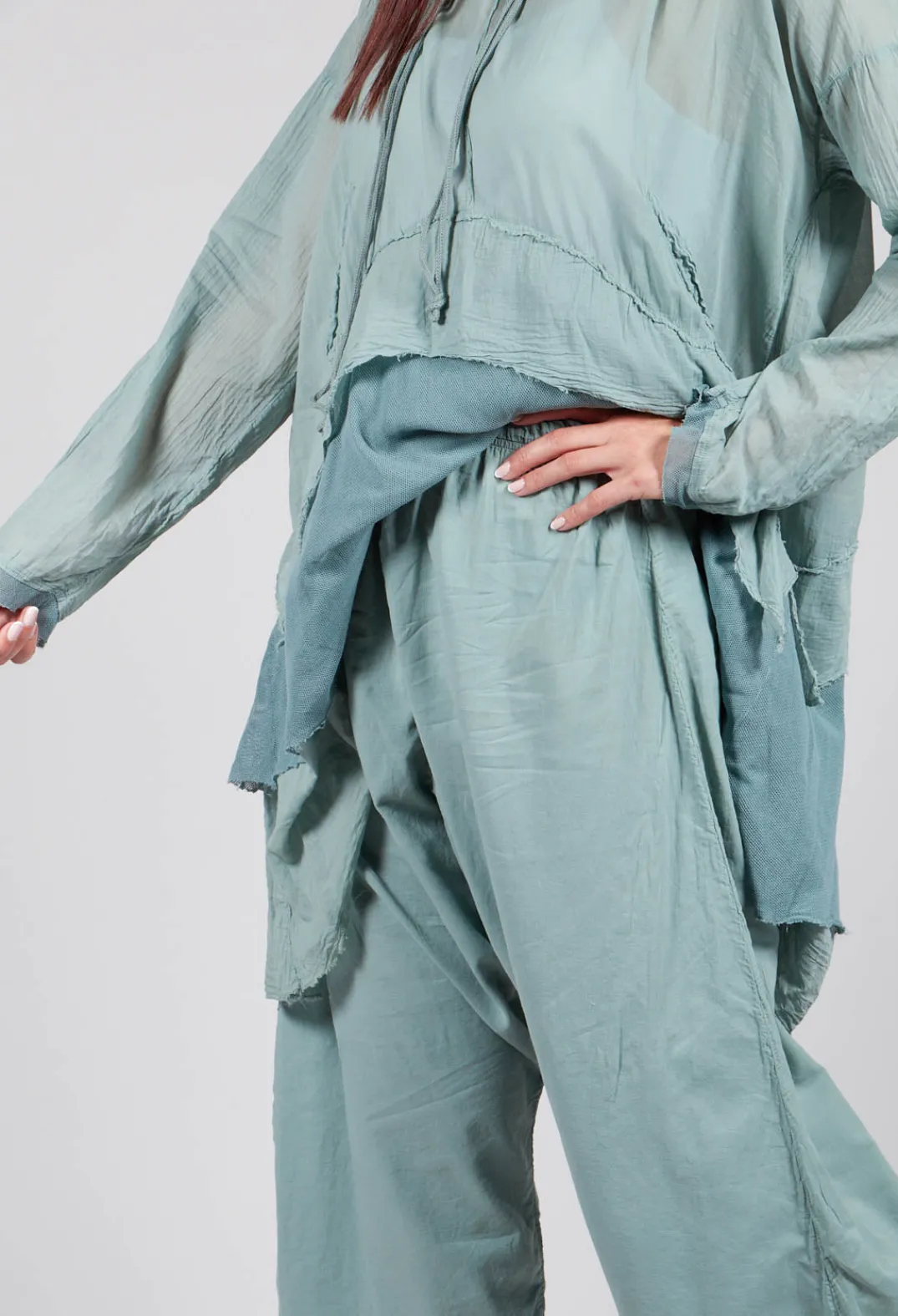 Pal Offner Trousers^Low Crotch Pull on Trousers in Pale Turquoise