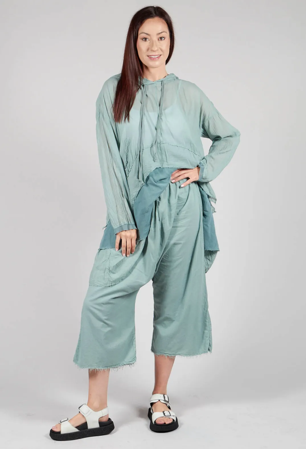 Pal Offner Trousers^Low Crotch Pull on Trousers in Pale Turquoise