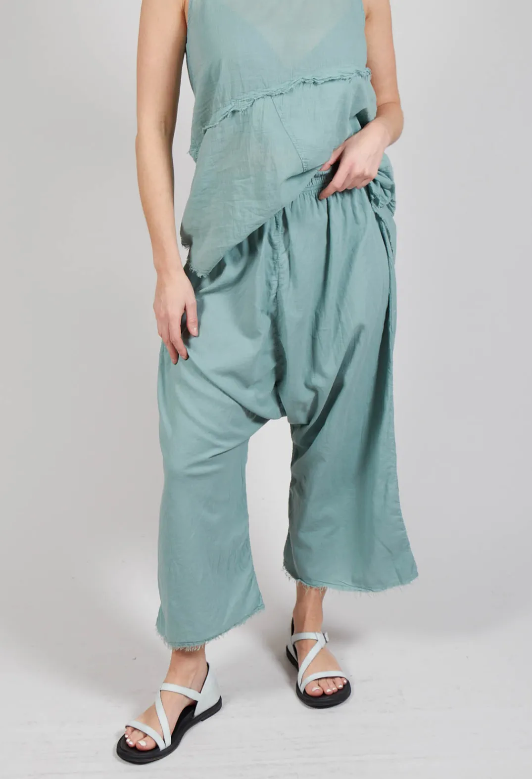 Pal Offner Trousers^Low Crotch Pull on Trousers in Pale Turquoise