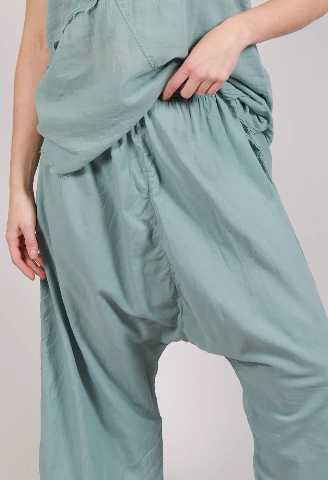 Pal Offner Trousers^Low Crotch Pull on Trousers in Pale Turquoise
