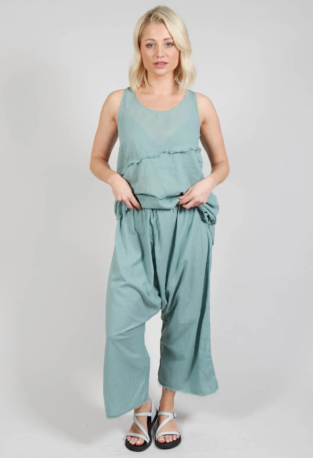 Pal Offner Trousers^Low Crotch Pull on Trousers in Pale Turquoise
