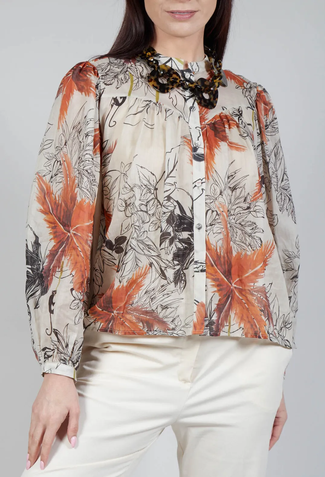 Sfizio Tops^Mandarin Collar Blouse in Palms Print
