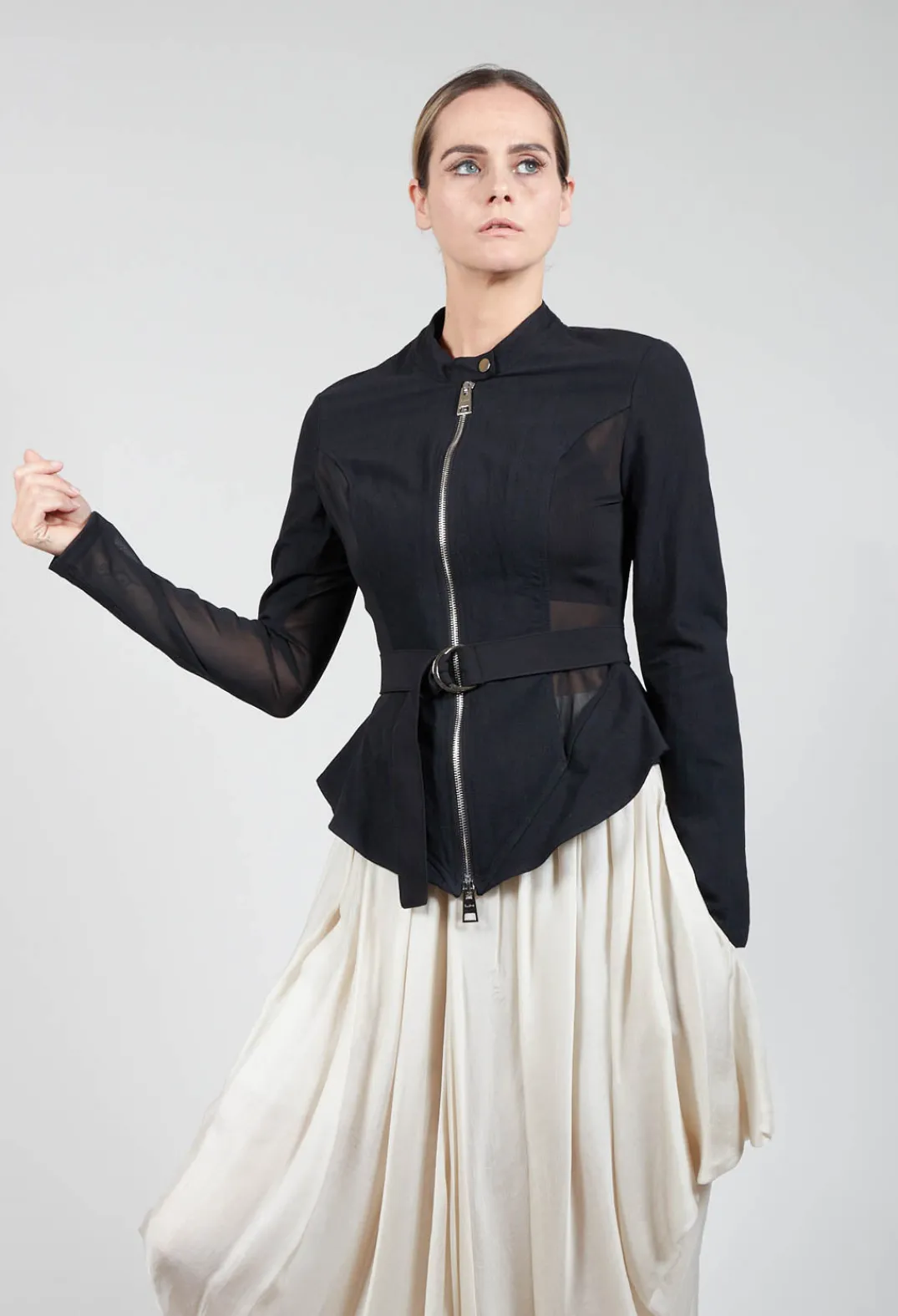 La Haine Jackets^Mesh Panelled Jacket with Belt in Nero