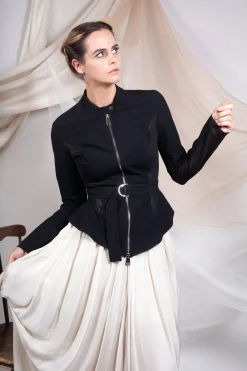 La Haine Jackets^Mesh Panelled Jacket with Belt in Nero