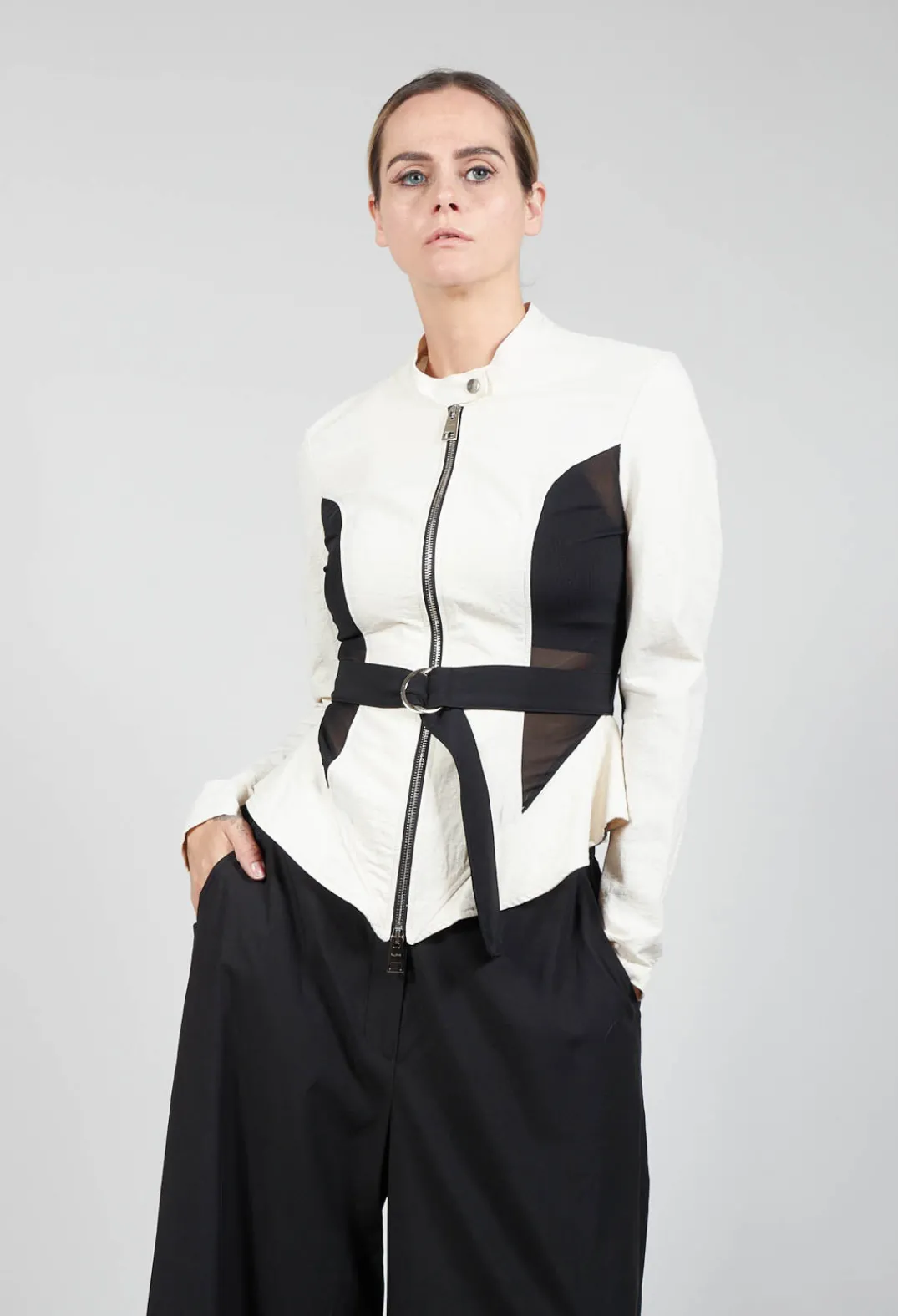 La Haine Jackets^Mesh Panelled Jacket with Belt in Bianco