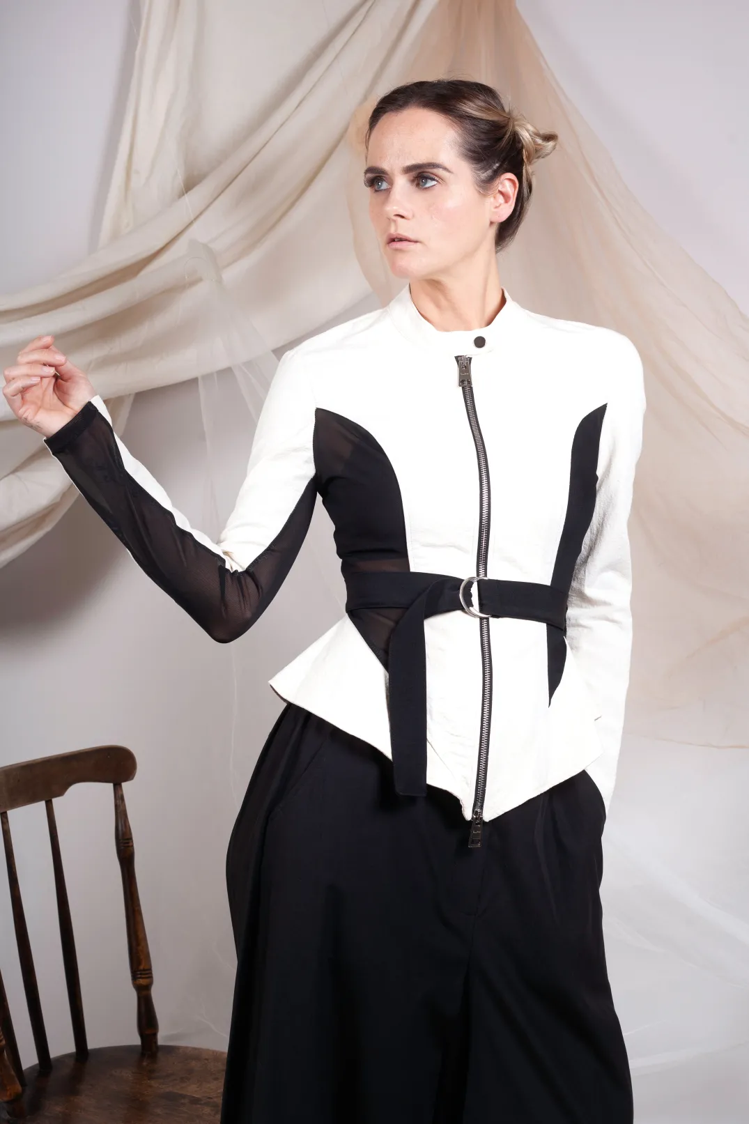 La Haine Jackets^Mesh Panelled Jacket with Belt in Bianco