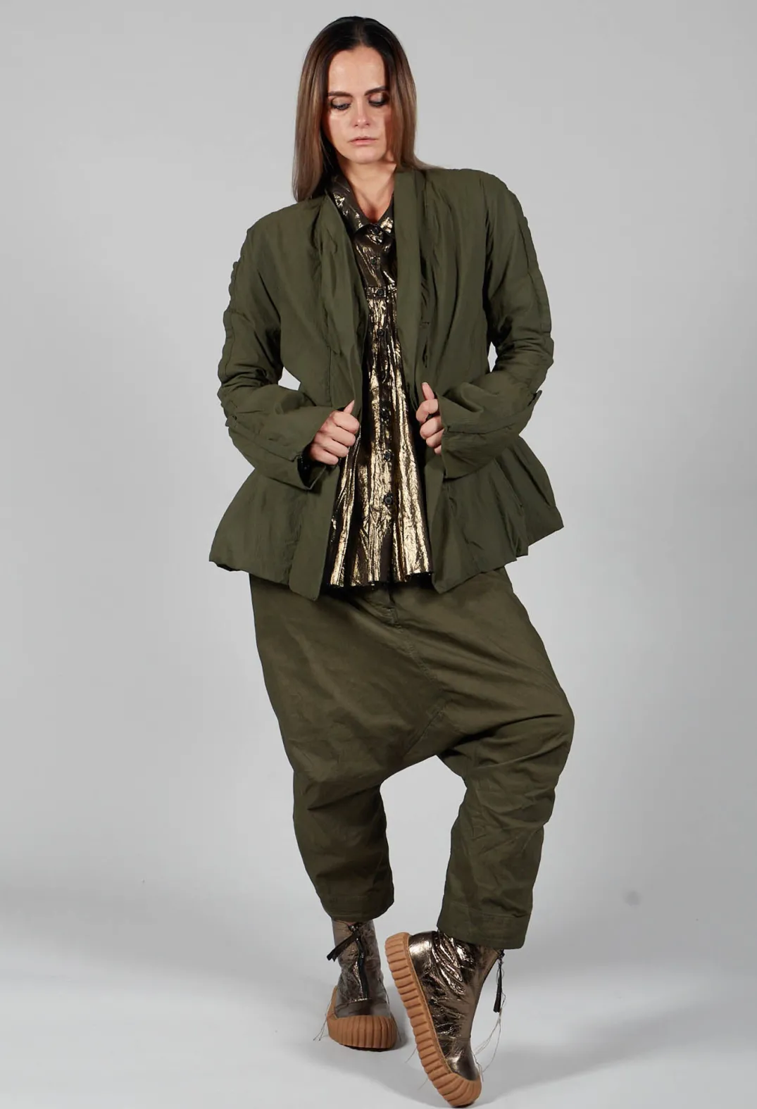 Rundholz Dip Tops^Metallic Button Up Blouse in Gold Black