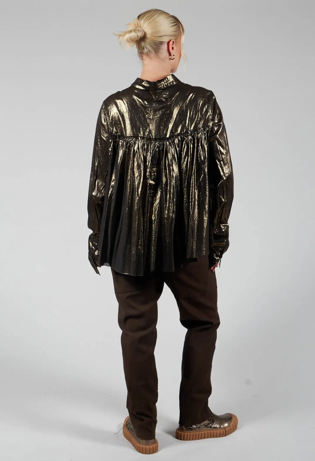 Rundholz Dip Tops^Metallic Button Up Blouse in Gold Black