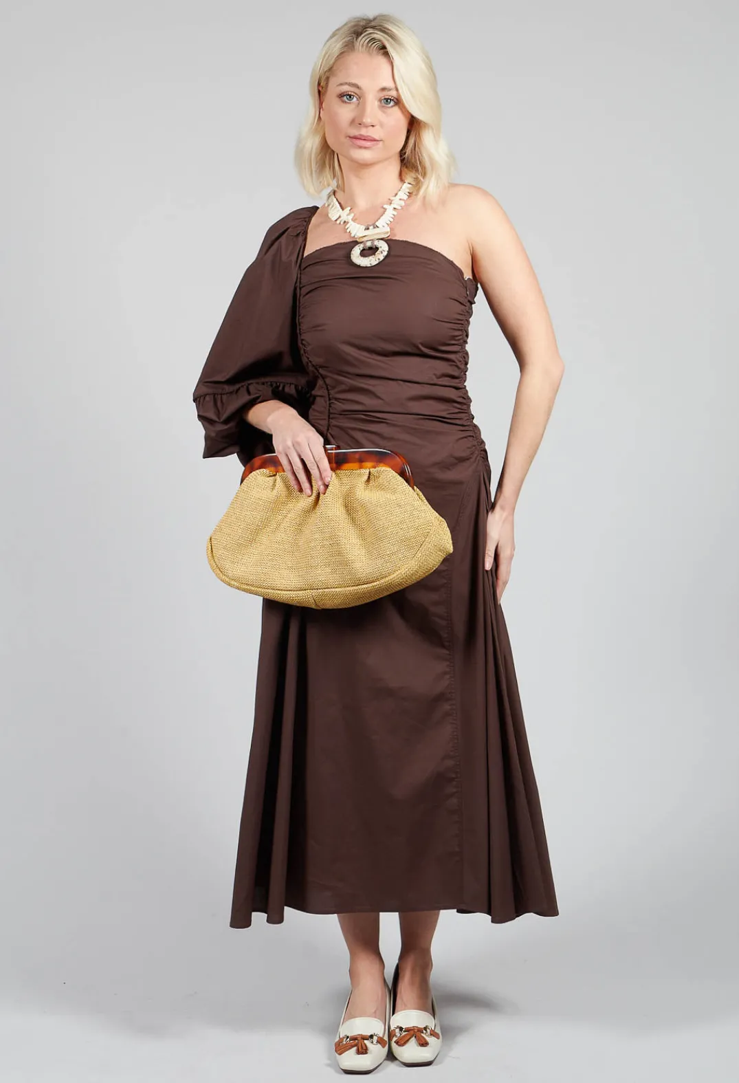 Mei Meij Dresses^One Shoulder Ruched Dress in Chocolate