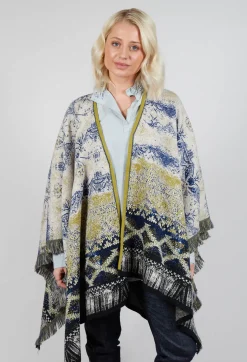 Be Your Essence Jackets^Open Front Cape in Beige and Navy Pattern