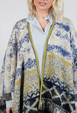 Be Your Essence Jackets^Open Front Cape in Beige and Navy Pattern