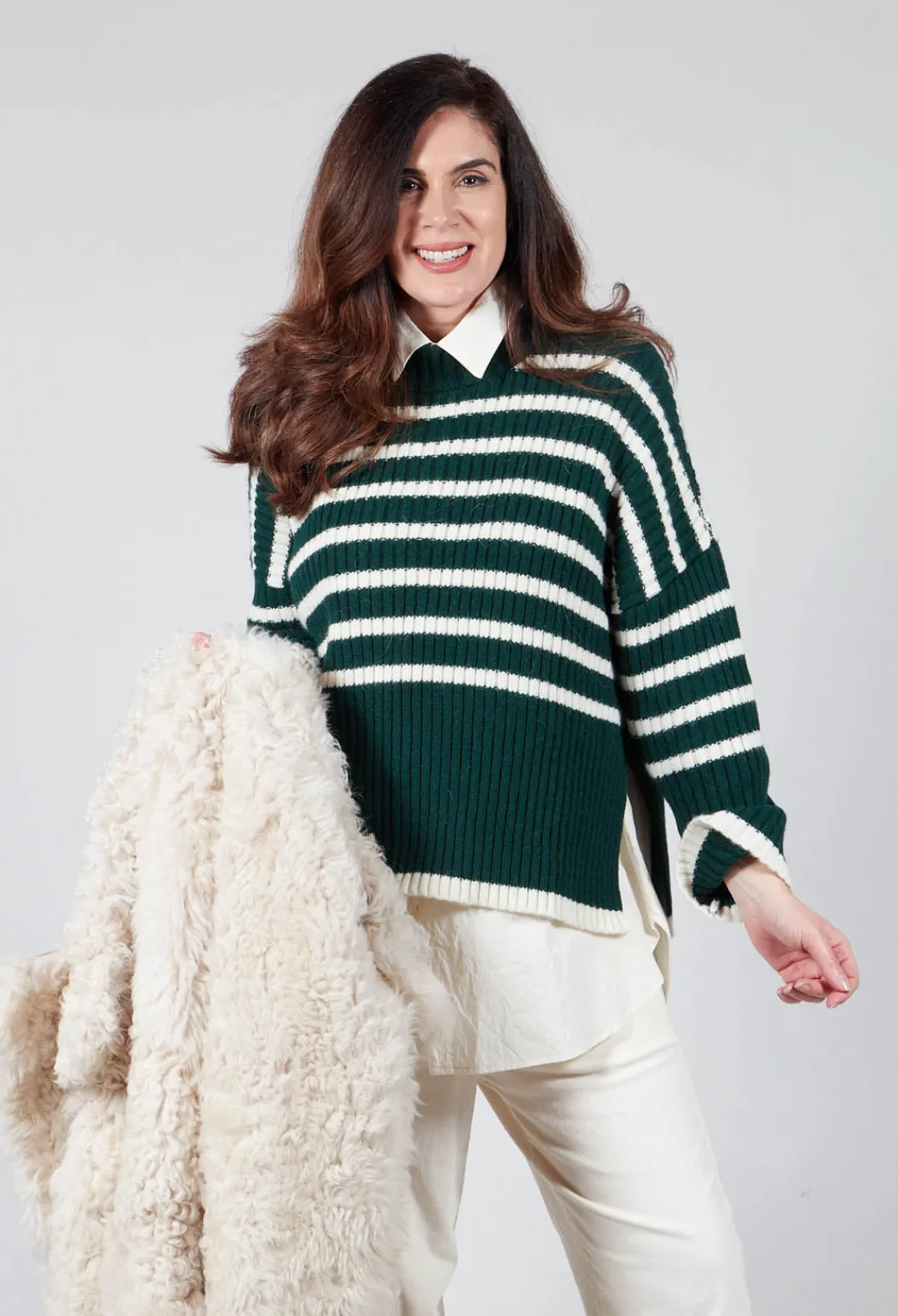 Collectors Club Jumpers^Oversized Pull with Green and Ecru Stripes