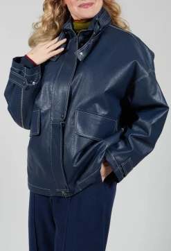 Beatrice B Coats^Parka Faux Leather Jacket in Blue Notte