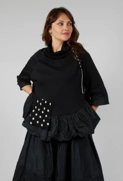 Bize Tops^Peplum Polka Dot Pocket Top in Black