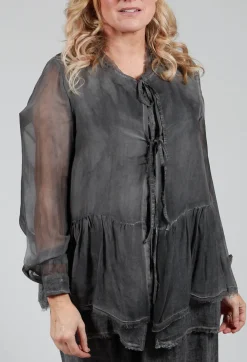 Sanctamuerte Tops^Peplum Tie Blouse in Lino Grey Storm