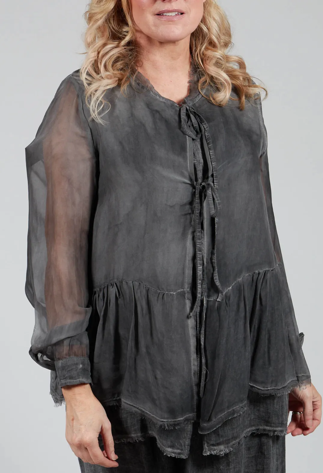 Sanctamuerte Tops^Peplum Tie Blouse in Lino Grey Storm