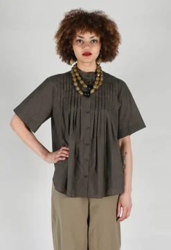 SOH Shirts & Blouses^Pleated Front Blouse in Grey Brown