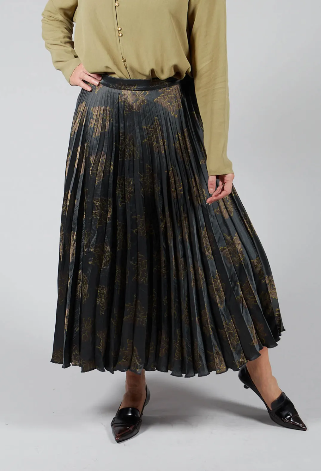 Maliparmi Skirts^Pleated Midi Skirt in Grigio / Moro / Lime