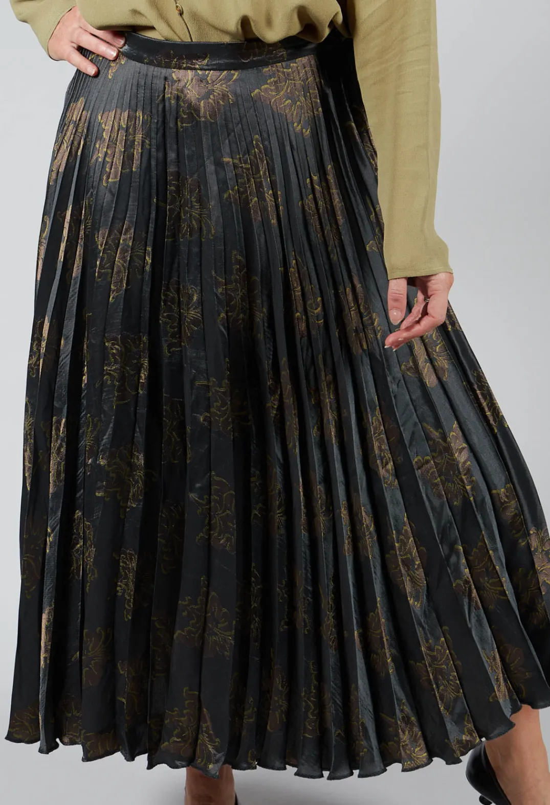 Maliparmi Skirts^Pleated Midi Skirt in Grigio / Moro / Lime