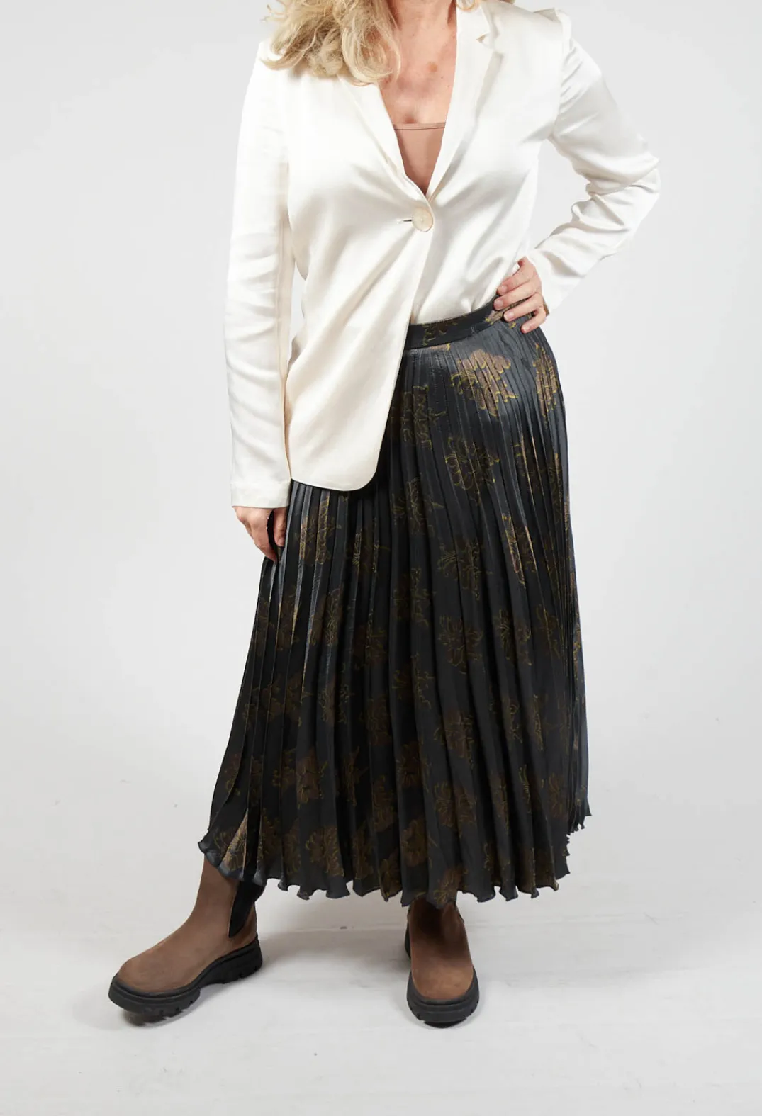 Maliparmi Skirts^Pleated Midi Skirt in Grigio / Moro / Lime