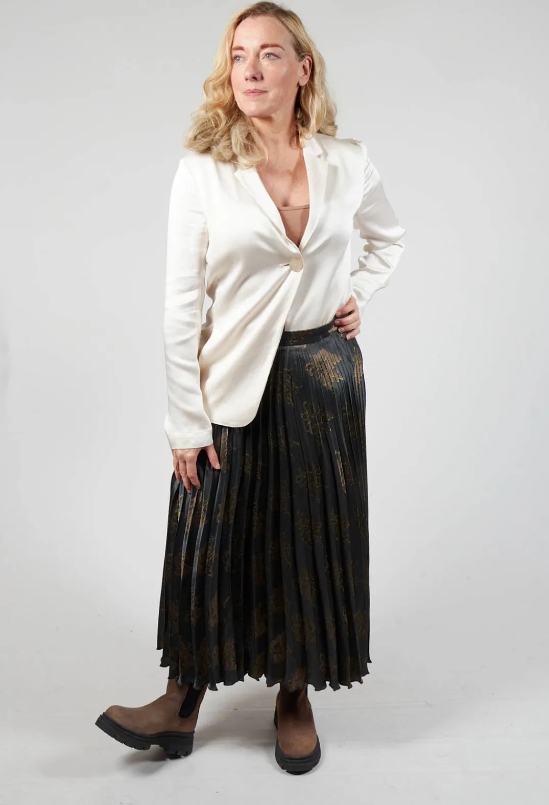 Maliparmi Skirts^Pleated Midi Skirt in Grigio / Moro / Lime