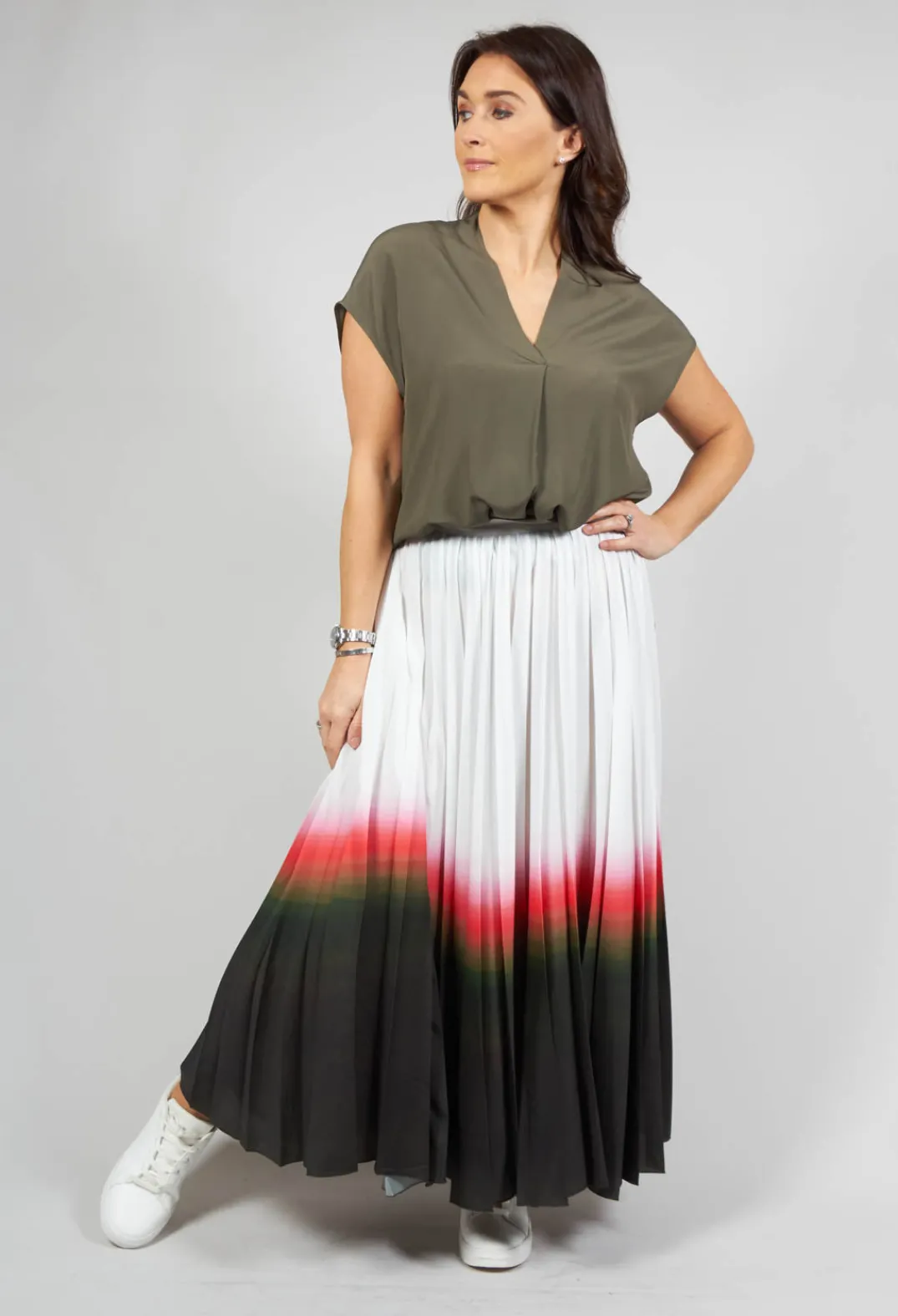 Beatrice B Skirts^Pleated Skirt in White Faded Dye Hem line