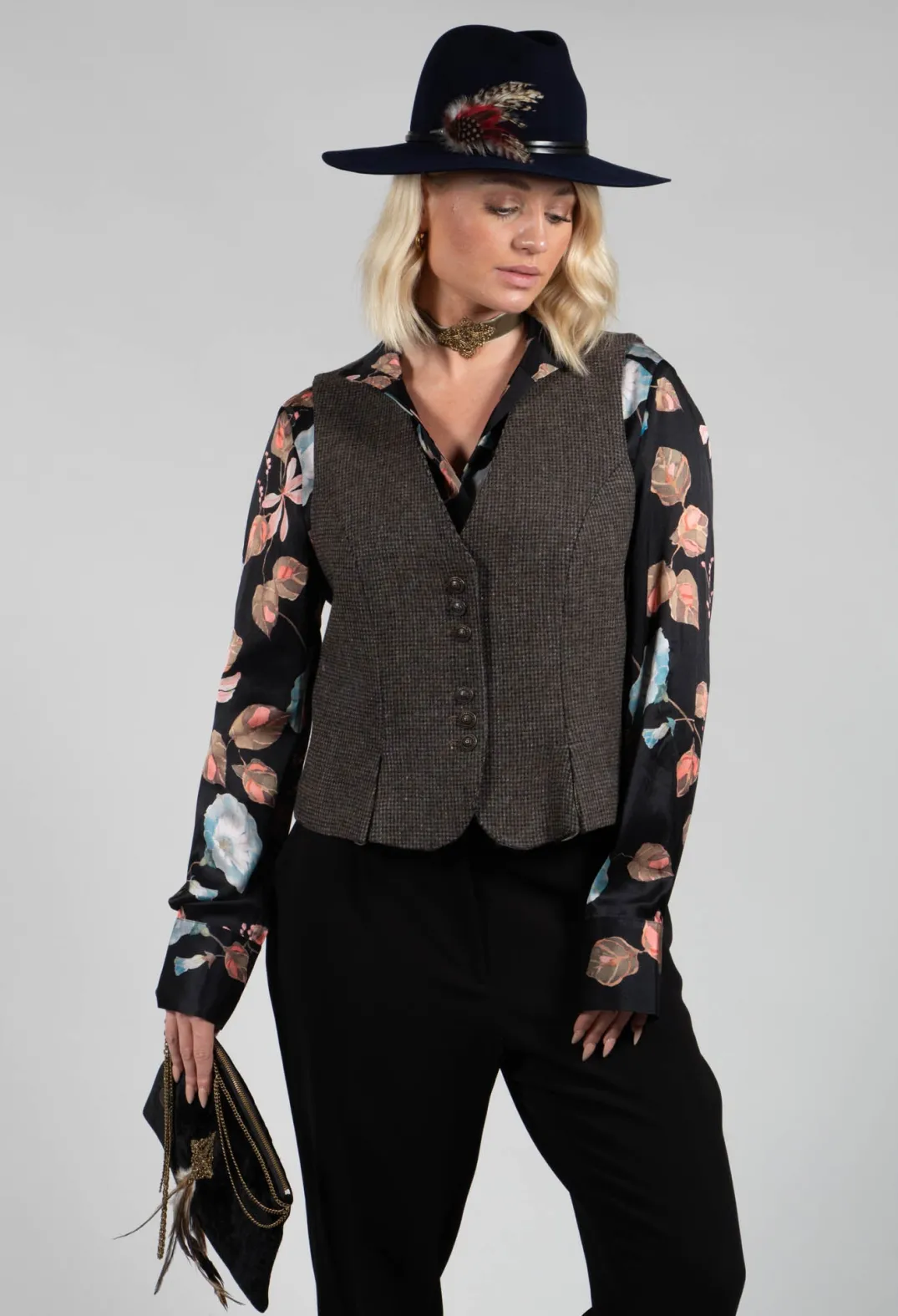 T.ba Jackets^Pleated Waistcoat in Tweed