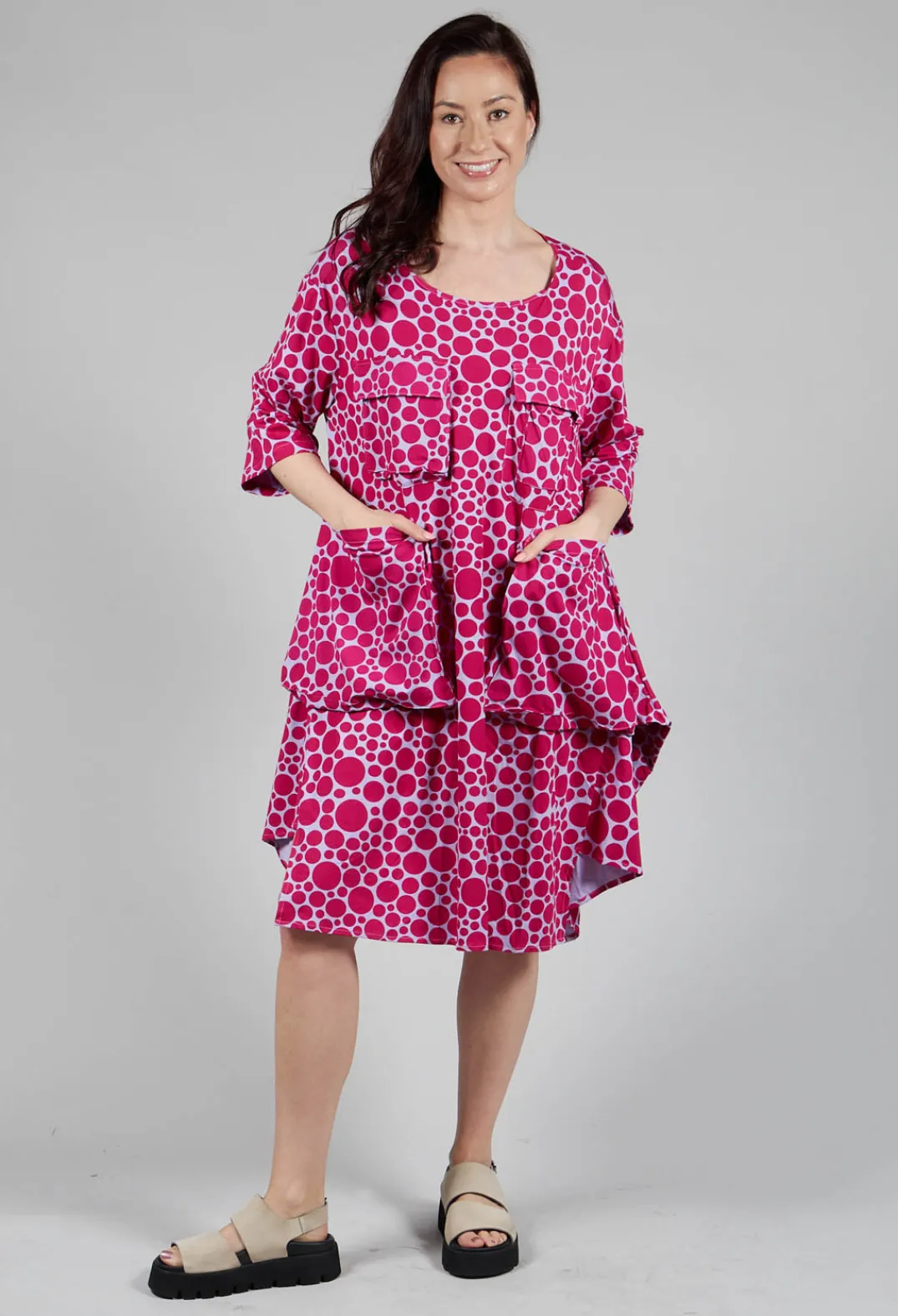 Bread and Butter Dresses^Pocket Dress in White with Lilac with Fuschia Pois