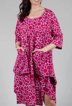 Bread and Butter Dresses^Pocket Dress in White with Lilac with Fuschia Pois