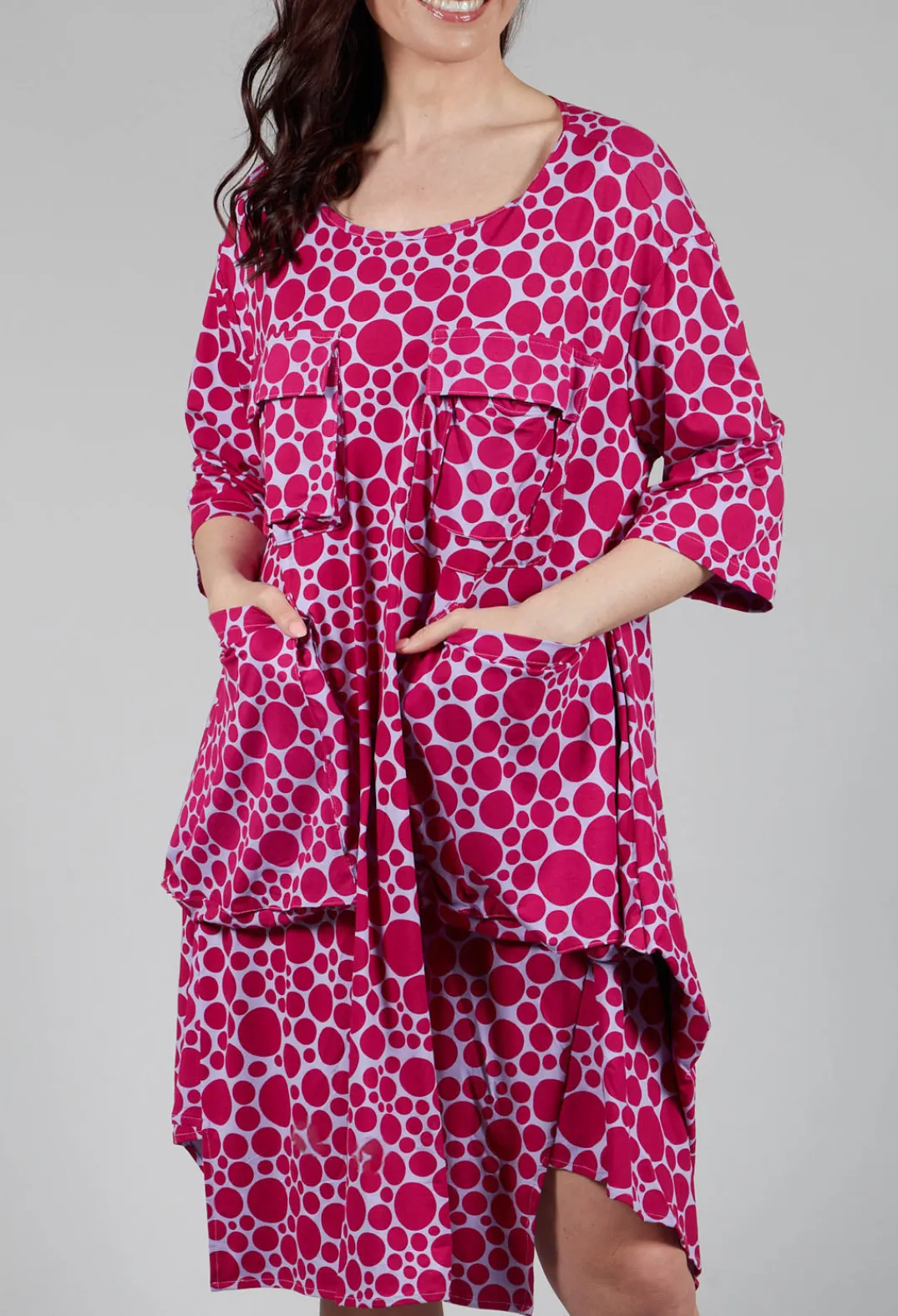 Bread and Butter Dresses^Pocket Dress in White with Lilac with Fuschia Pois