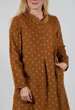 Blueberry Dresses^Polkadot Needlecord Cowl Neck Dress in Tabacco